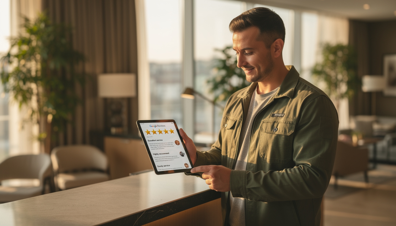 Builder checking online reviews on a tablet at a construction site, reviewing their business profile