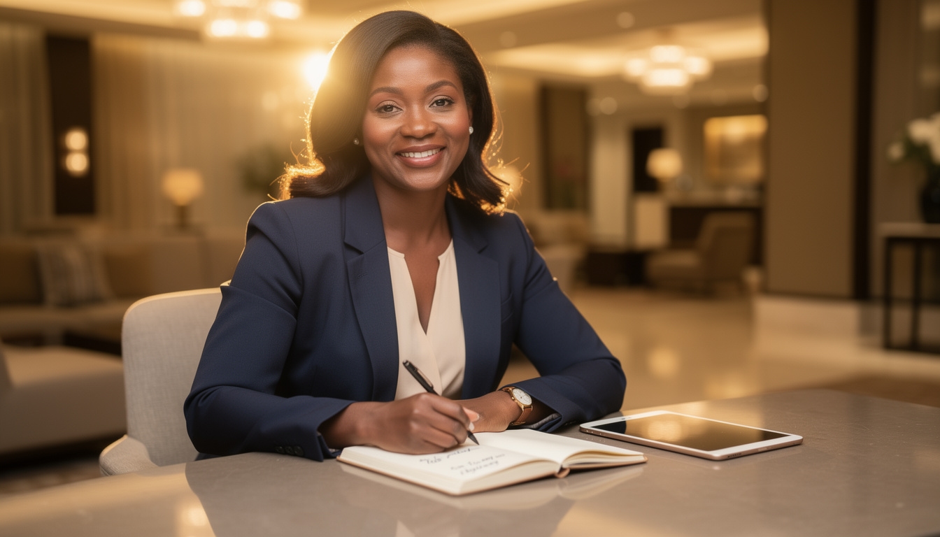 Online presence consultant working at a desk with notes and laptop in a modern office setting