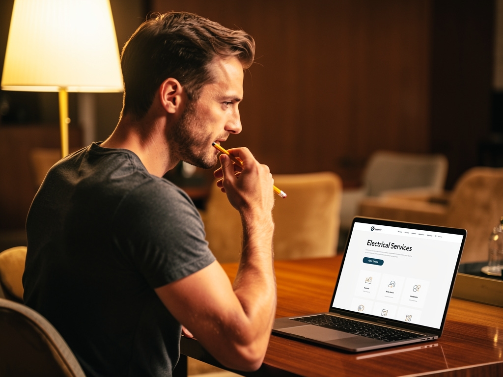 Electrician setting up their website on a laptop at a workbench